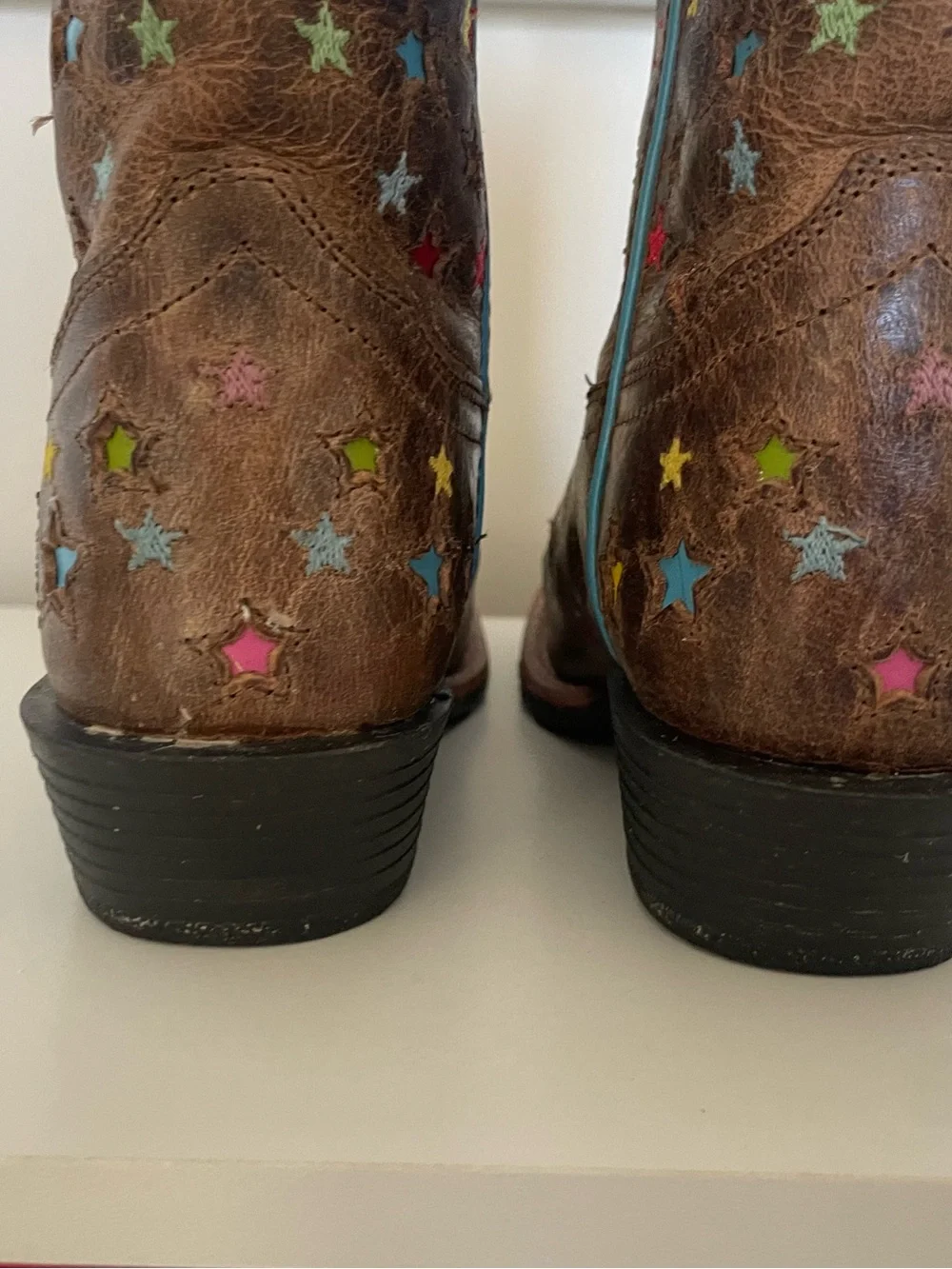 Dan Post Girls Brown Cowboy Boots with Turquoise Trim and Multicolor Stars